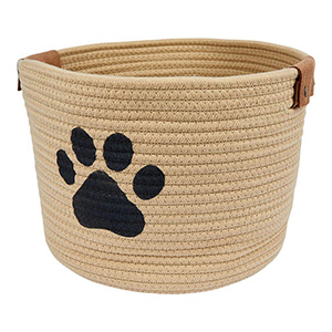 Dog toy storage options include baskets, bins, beds, and stairs