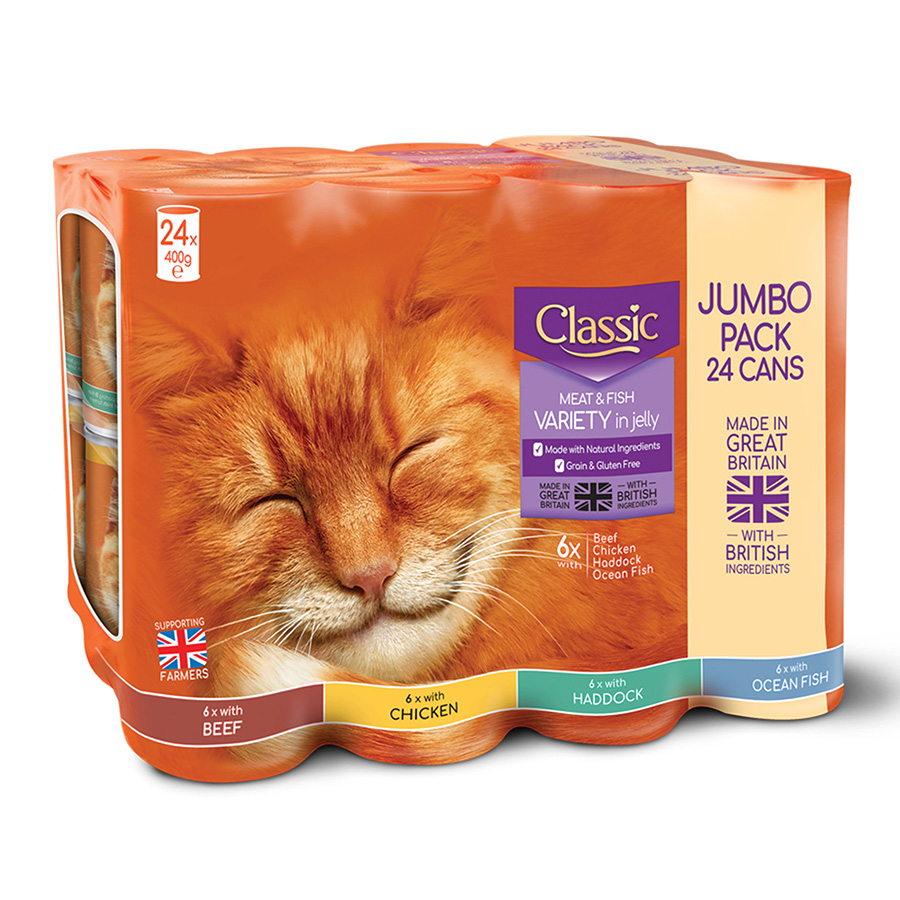 Classic Wet Cat Food Meat and Fish In Jelly Variety Pack 24 x 400g Tins