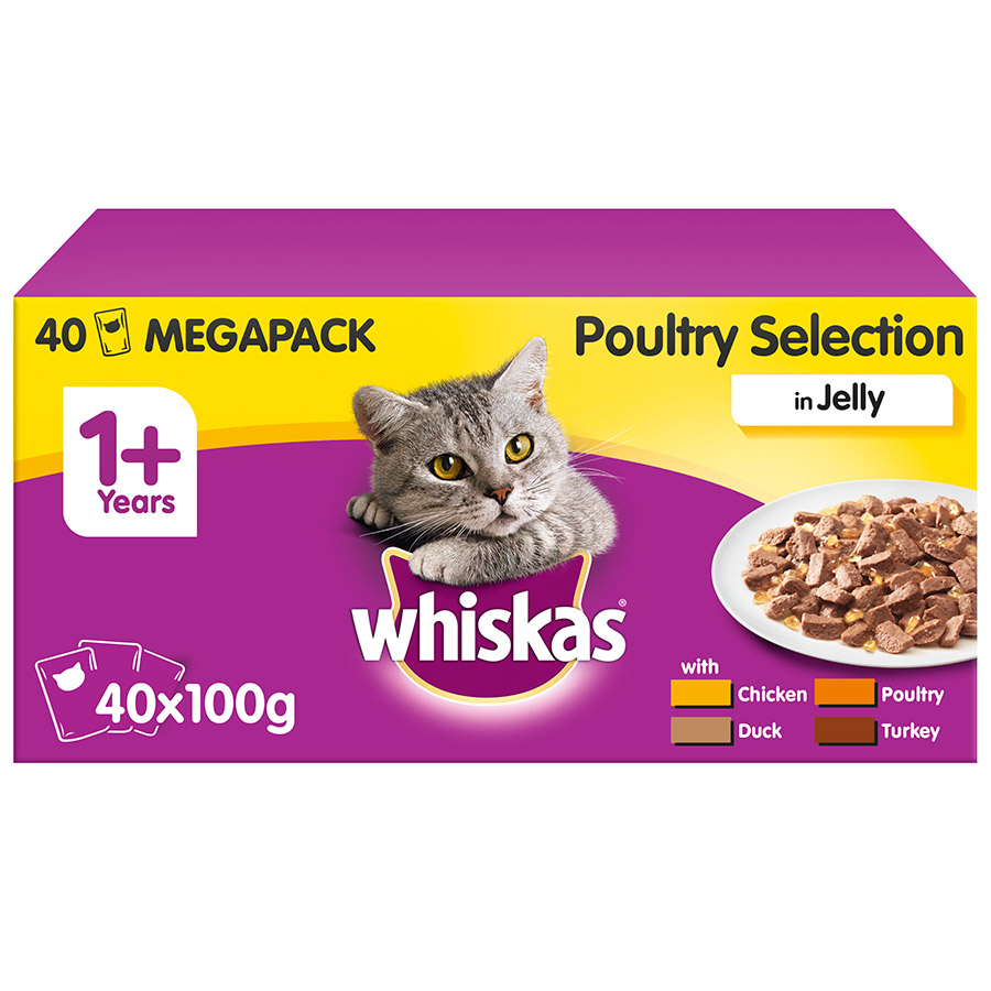 Whiskas Wet Adult Cat Food Poultry in Jelly Mega Pack 40 x 100g Pouches