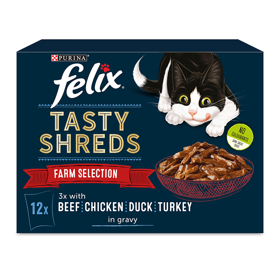 Felix Shreds Adult Wet Cat Food Mixed Farm Selection in Gravy 12x80g